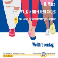 Auf der Zeichnung sind die Beine von drei Frauen zu sehen. Jede der drei Frauen trägt zwei unterschiedliche Schuhe.